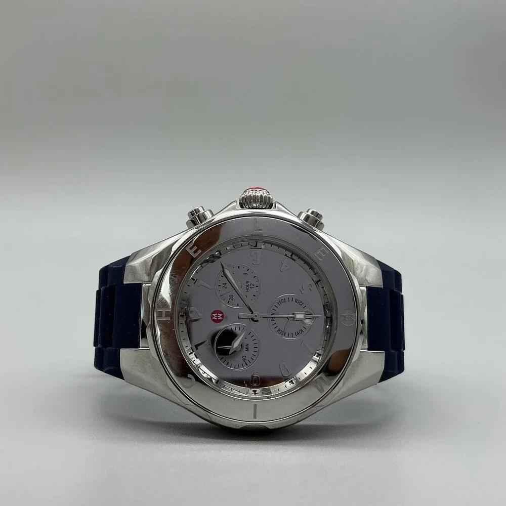 Michele Tahitian Womens Watch 41mm Silver Tone Chrono Blue Rubber New Battery